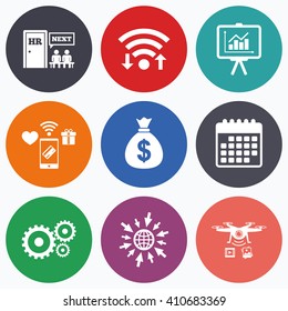 Wifi, mobile payments and drones icons. Human resources icons. Presentation board with charts signs. Money bag and gear symbols. Man at the door. Calendar symbol.