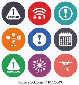 Wifi, mobile payments and drones icons. Attention caution icons. Hazard warning symbols. Exclamation sign. Calendar symbol.