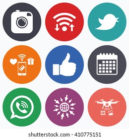 Wifi, mobile payments and drones icons. Hipster photo camera icon. Like and Call speech bubble sign. Bird symbol. Social media icons. Calendar symbol.