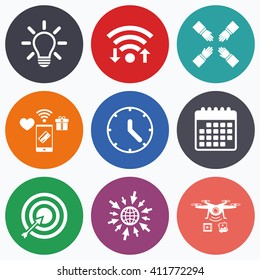 Wifi, mobile payments and drones icons. Lamp idea and clock time icons. Target aim sign. Darts board with arrow. Teamwork symbol. Calendar symbol.