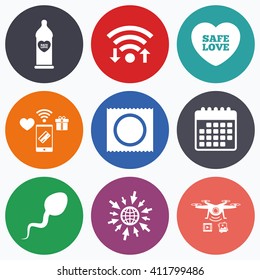 Wifi, mobile payments and drones icons. Safe sex love icons. Condom in package symbol. Sperm sign. Fertilization or insemination. Calendar symbol.
