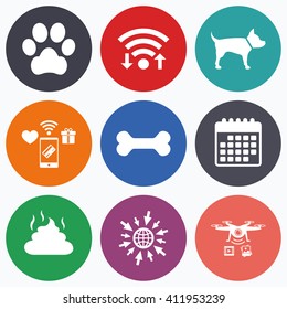 Wifi, mobile payments and drones icons. Pets icons. Dog paw and feces signs. Clean up after pets. Pets food. Calendar symbol.