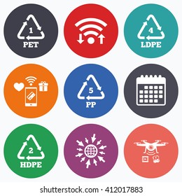 Wifi, mobile payments and drones icons. PET 1, Ld-pe 4, PP 5 and Hd-pe 2 icons. High-density Polyethylene terephthalate sign. Recycling symbol. Calendar symbol.