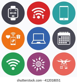 Wifi, mobile payments and drones icons. Notebook and smartphone icons. Smart watch symbol. Wi-fi and battery energy signs. Wireless Network symbol. Mobile devices. Calendar symbol.