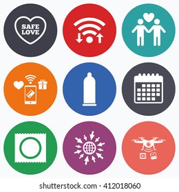 Wifi, mobile payments and drones icons. Condom safe sex icons. Lovers Gay couple signs. Male love male. Heart symbol. Calendar symbol.