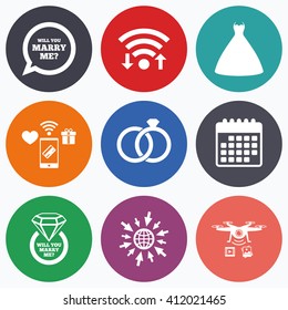 Wifi, mobile payments and drones icons. Wedding dress icon. Bride and groom rings symbol. Wedding or engagement day ring with diamond sign. Will you marry me speech bubble. Calendar symbol.
