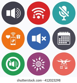 Wifi, mobile payments and drones icons. Player control icons. Sound, microphone and mute speaker signs. No sound symbol. Calendar symbol.