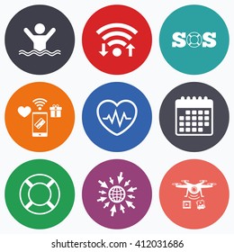 Wifi, mobile payments and drones icons. SOS lifebuoy icon. Heartbeat cardiogram symbol. Swimming sign. Man drowns. Calendar symbol.