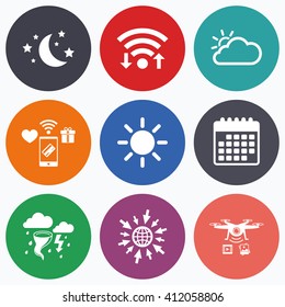 Wifi, mobile payments and drones icons. Weather icons. Moon and stars night. Cloud and sun signs. Storm or thunderstorm with lightning symbol. Calendar symbol.