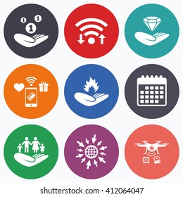 Wifi, mobile payments and drones icons. Helping hands icons. Financial money savings, family life insurance symbols. Diamond brilliant sign. Fire protection. Calendar symbol.