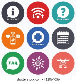 Wifi, mobile payments and drones icons. Help point icons. Question and information symbols. FAQ speech bubble signs. Calendar symbol.