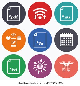 Wifi, mobile payments and drones icons. Download document icons. File extensions symbols. PDF, RAR, 7z and TXT signs. Calendar symbol.