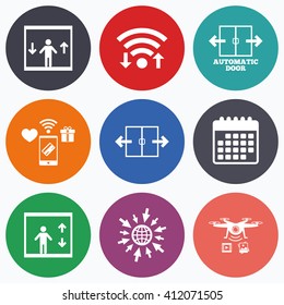 Wifi, mobile payments and drones icons. Automatic door icons. Elevator symbols. Auto open. Person symbol with up and down arrows. Calendar symbol.