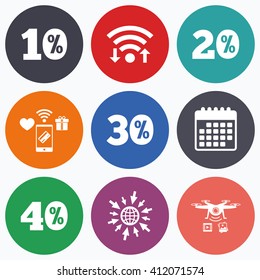 Wifi, mobile payments and drones icons. Sale discount icons. Special offer price signs. 10, 20, 30 and 40 percent off reduction symbols. Calendar symbol.
