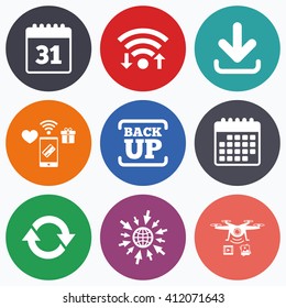 Wifi, mobile payments and drones icons. Download and Backup data icons. Calendar and rotation arrows sign symbols. Calendar symbol.