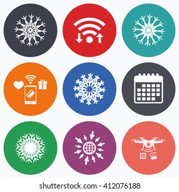 Wifi, mobile payments and drones icons. Snowflakes artistic icons. Air conditioning signs. Christmas and New year winter symbols. Calendar symbol.