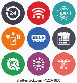 Wifi, mobile payments and drones icons. Repair fix tool icons. 24h Customer support service signs. 100% quality guarantee symbol. Cogwheel gear with wrench key. Calendar symbol.