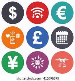 Wifi, mobile payments and drones icons. Dollar, Euro, Pound and Yen currency icons. USD, EUR, GBP and JPY money sign symbols. Calendar symbol.