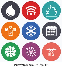 Wifi, mobile payments and drones icons. HVAC icons. Heating, ventilating and air conditioning symbols. Water supply. Climate control technology signs. Calendar symbol.