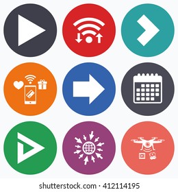 Wifi, mobile payments and drones icons. Arrow icons. Next navigation arrowhead signs. Direction symbols. Calendar symbol.