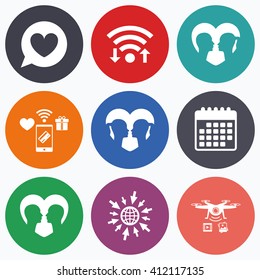 Wifi, mobile payments and drones icons. Couple love icon. Lesbian and Gay lovers signs. Romantic homosexual relationships. Speech bubble with heart symbol. Calendar symbol.