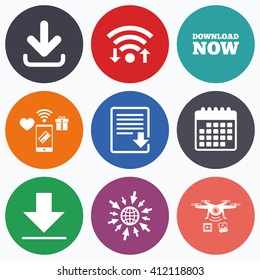 Wifi, mobile payments and drones icons. Download now icon. Upload file document symbol. Receive data from a remote storage signs. Calendar symbol.
