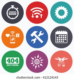 Wifi, mobile payments and drones icons. Coming soon icon. Repair service tool and gear symbols. Hammer with wrench signs. 404 Not found. Calendar symbol.