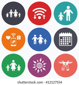 Wifi, mobile payments and drones icons. Family with two children icon. Parents and kids symbols. One-parent family signs. Mother and father divorce. Calendar symbol.