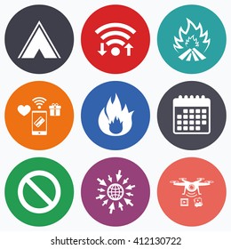 Wifi, mobile payments and drones icons. Tourist camping tent icon. Fire flame and stop prohibition sign symbols. Calendar symbol.