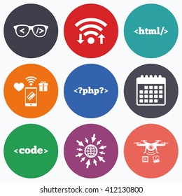 Wifi, mobile payments and drones icons. Programmer coder glasses icon. HTML markup language and PHP programming language sign symbols. Calendar symbol.