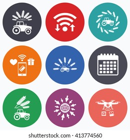 Wifi, mobile payments and drones icons. Tractor icons. Wreath of Wheat corn signs. Agricultural industry transport symbols. Calendar symbol.