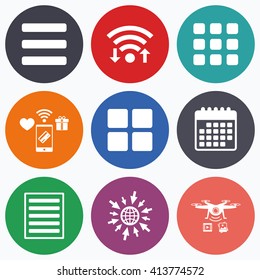 Wifi, mobile payments and drones icons. List menu icons. Content view options symbols. Thumbnails grid or Gallery view. Calendar symbol.