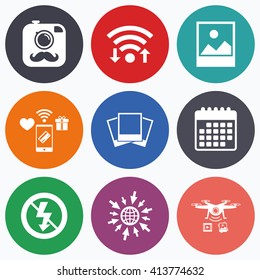 Wifi, mobile payments and drones icons. Hipster retro photo camera with mustache icon. No flash light symbol. Landscape photo frame. Calendar symbol.