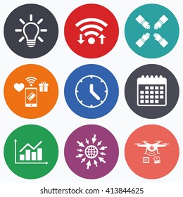 Wifi, mobile payments and drones icons. Lamp idea and clock time icons. Graph chart diagram sign. Teamwork symbol. Calendar symbol.