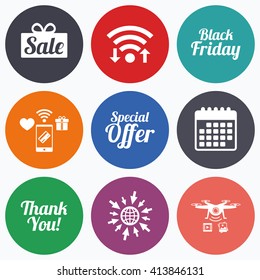 Wifi, mobile payments and drones icons. Sale icons. Special offer and thank you symbols. Gift box sign. Calendar symbol.
