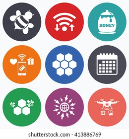 Wifi, mobile payments and drones icons. Honey icon. Honeycomb cells with bees symbol. Sweet natural food signs. Calendar symbol.