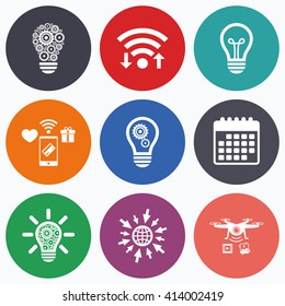 Wifi, mobile payments and drones icons. Light lamp icons. Lamp bulb with cogwheel gear symbols. Idea and success sign. Calendar symbol.