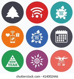 Wifi, mobile payments and drones icons. Happy new year icon. Christmas trees signs. World globe symbol. Calendar symbol.
