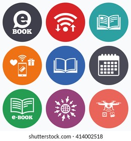 Wifi, mobile payments and drones icons. Electronic book icons. E-Book symbols. Speech bubble sign. Calendar symbol.