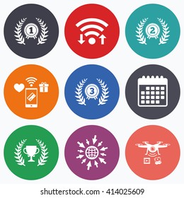 Wifi, mobile payments and drones icons. Laurel wreath award icons. Prize cup for winner signs. First, second and third place medals symbols. Calendar symbol.