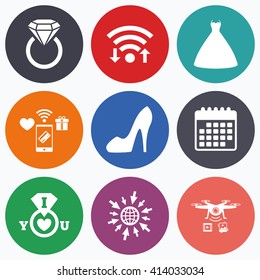 Wifi, mobile payments and drones icons. Wedding dress icon. Women's shoe symbol. Wedding or engagement day ring with diamond sign. Calendar symbol.