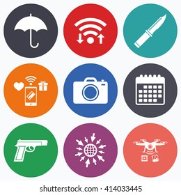 Wifi, mobile payments and drones icons. Gun weapon icon.Knife, umbrella and photo camera signs. Edged hunting equipment. Prohibition objects. Calendar symbol.