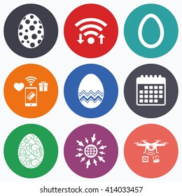 Wifi, mobile payments and drones icons. Easter eggs icons. Circles and floral patterns symbols. Tradition Pasch signs. Calendar symbol.