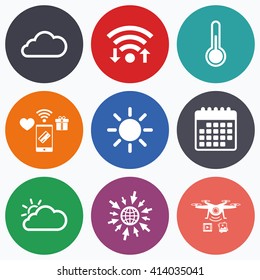 Wifi, mobile payments and drones icons. Weather icons. Cloud and sun signs. Thermometer temperature symbol. Calendar symbol.