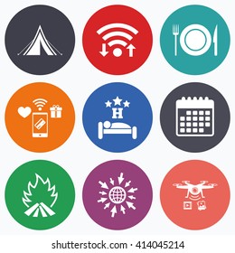 Wifi, mobile payments and drones icons. Food, sleep, camping tent and fire icons. Knife, fork and dish. Hotel or bed and breakfast. Road signs. Calendar symbol.