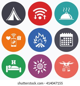 Wifi, mobile payments and drones icons. Hot food, sleep, camping tent and fire icons. Hotel or bed and breakfast. Road signs. Calendar symbol.