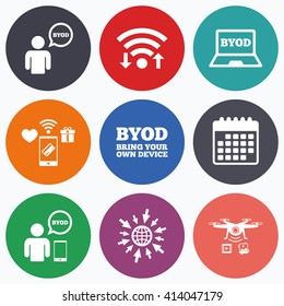 Wifi, mobile payments and drones icons. BYOD icons. Human with notebook and smartphone signs. Speech bubble symbol. Calendar symbol.