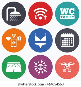 Wifi, mobile payments and drones icons. Swimming pool icons. Shower water drops and swimwear symbols. WC Toilet sign. Trunks and women underwear. Calendar symbol.