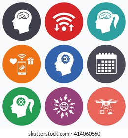 Wifi, mobile payments and drones icons. Head with brain icon. Male and female human think symbols. Cogwheel gears signs. Woman with pigtail. Calendar symbol.
