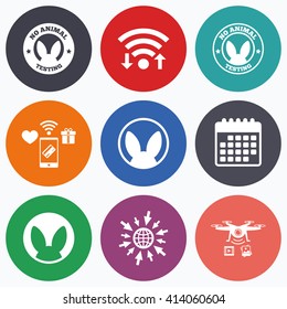 Wifi, mobile payments and drones icons. No animals testing icons. Non-human experiments signs symbols. Calendar symbol.